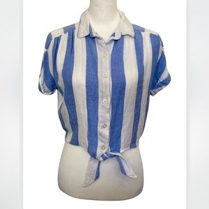 SANDY & SID Blue & White Striped Front Tie Crop Top Small